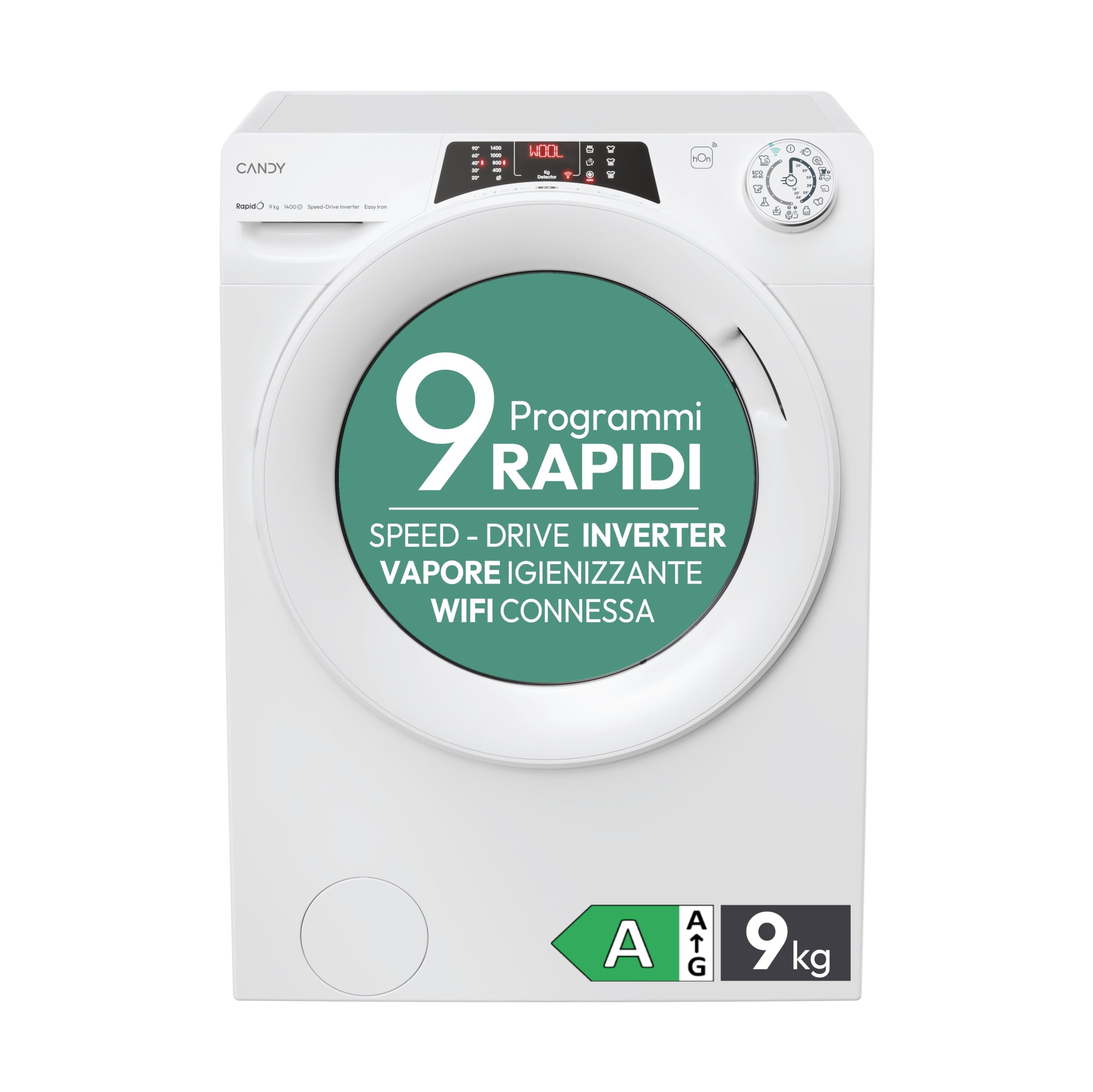 Candy RapidÓ Lavatrice 9 Kg, Libera Installazione, Carica Frontale, Classe A, 1400 Giri, 9 Programmi Rapidi, Funzione Vapore, Wi-​Fi + BLE e App hOn, 60 x 53 x 85 cm, Bianca - RO 1494DWMT/​1-​S