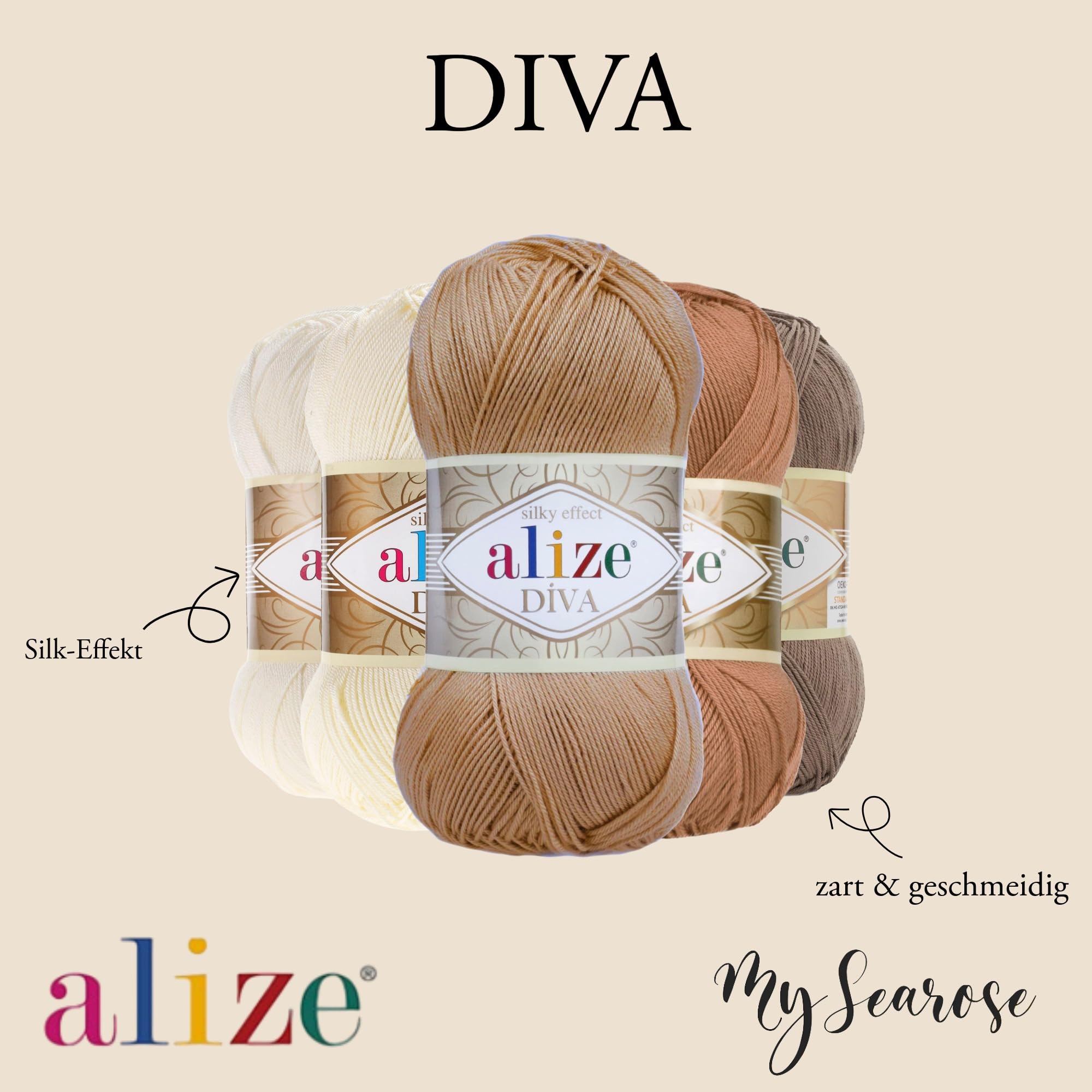 ALIZE 5 x 100g Diva 55 White Premium Wolle seidiges Microfaser Garn für Stricken & Häkeln von Sommermode Kleidern Cardigans und Accessoires mit mySearose Label
