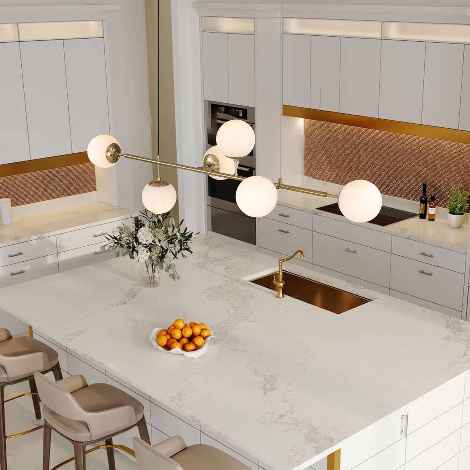 Mid-Century Modern Chandelier 6-Light Gold Linear Pendant Light with Globe Glass Shades, Adjustable Height for Dining Room, Kitchen Island, Living Room