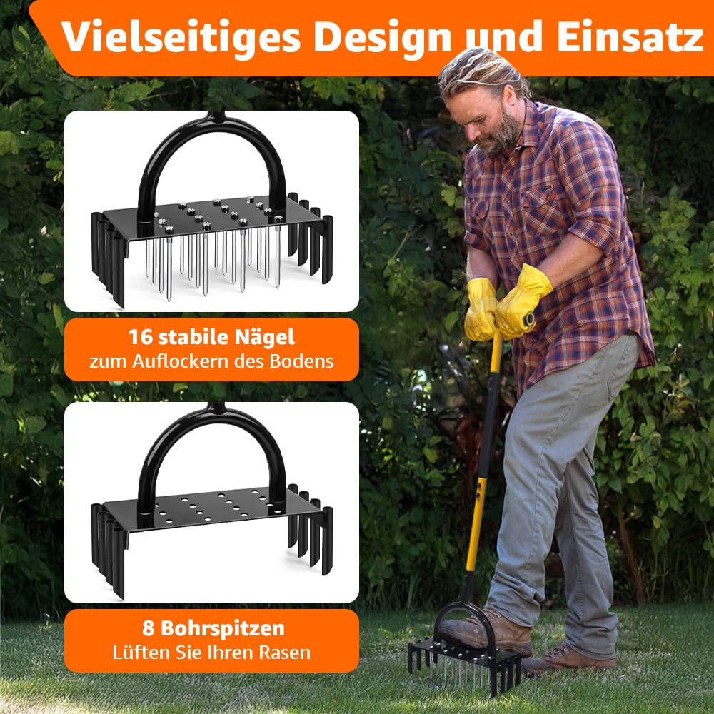 2-in-1 Rasenlüfter und Aerifizierer für Rasen mit 16 Nägeln und 8 hohlen Schlitzen, T-Griff, Rasenbelüfter für Garten