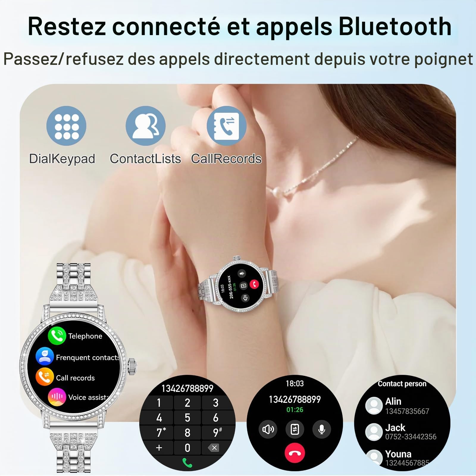 Montre Connectée Femme avec Diamant,3 Bracelets,1,27" HD appels Bluetooth Smartwatch,Fréquence Cardiaqu/Sommeil/SpO2/Féminine/Calories,IP68,120+ Sportif Podomètre Tracker pour Android/iOS,Argent