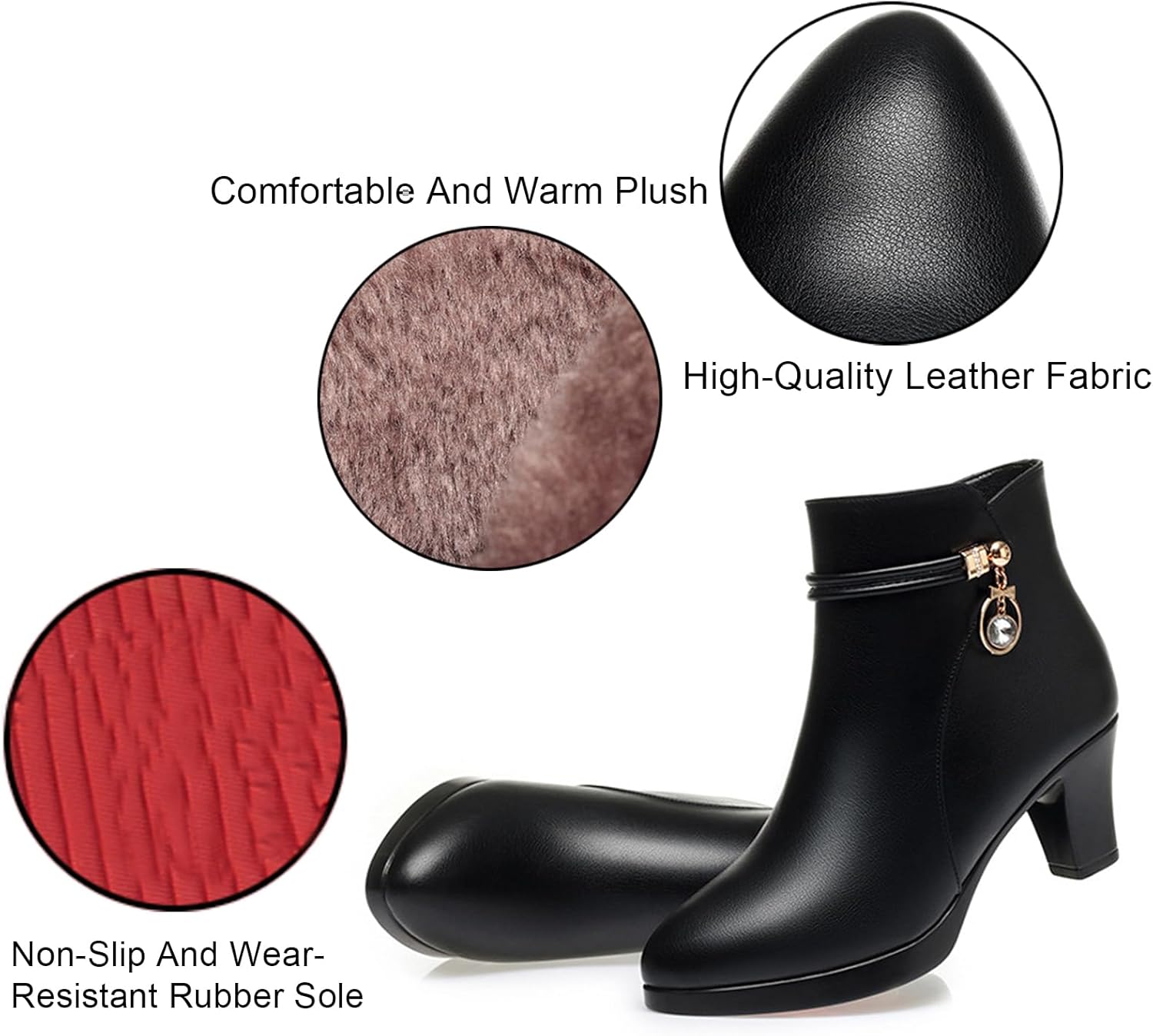 Women'S Leather Mid Block Heel Ankle Boots Fashion Rhinestones Buckle Decor Comfort Warm Fur Lined Side Zipper Chunky Heels Snow Boots - Image 5