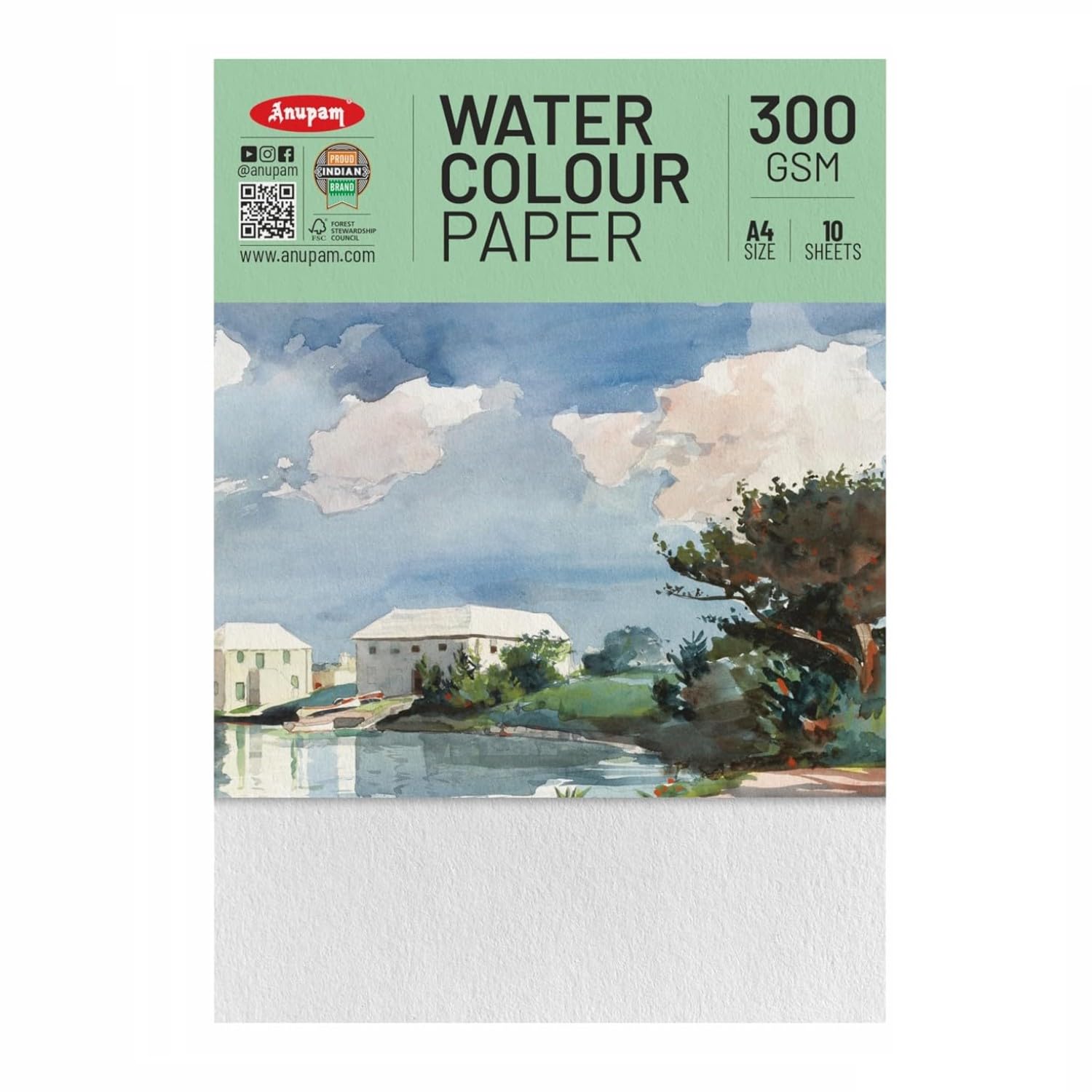 Anupam Professional Watercolour Paper | A4 (30X21CM) 300 GSM Cold Pressed Paper |Acid-Free 10 Sheets| Ideal for Artist, Professional Drawing, Painting Dry & Wet, Fine Art, School, Students