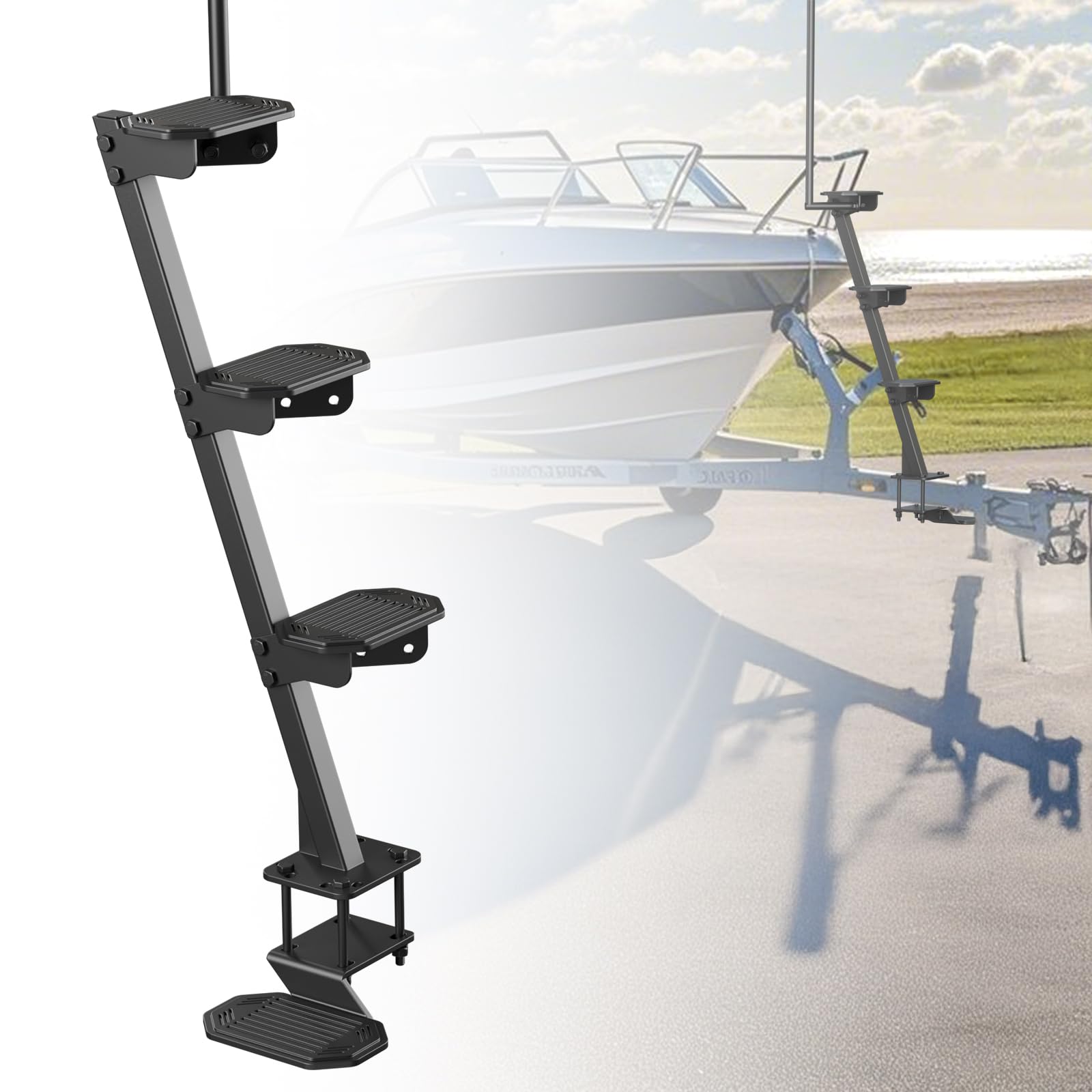 Photo 1 of *** UNKNOWN MISSING PIECES OR HARDWARE***Heavy Duty Boat Trailer Steps, 500lbs Load Capacity Non-Slip Boat Ladder with Long Handrail, Universal Fit with 3 Mounting Angle Options, Anti-Rust and Anti-Corrosion for Deep V Bass Boats(4 Step)