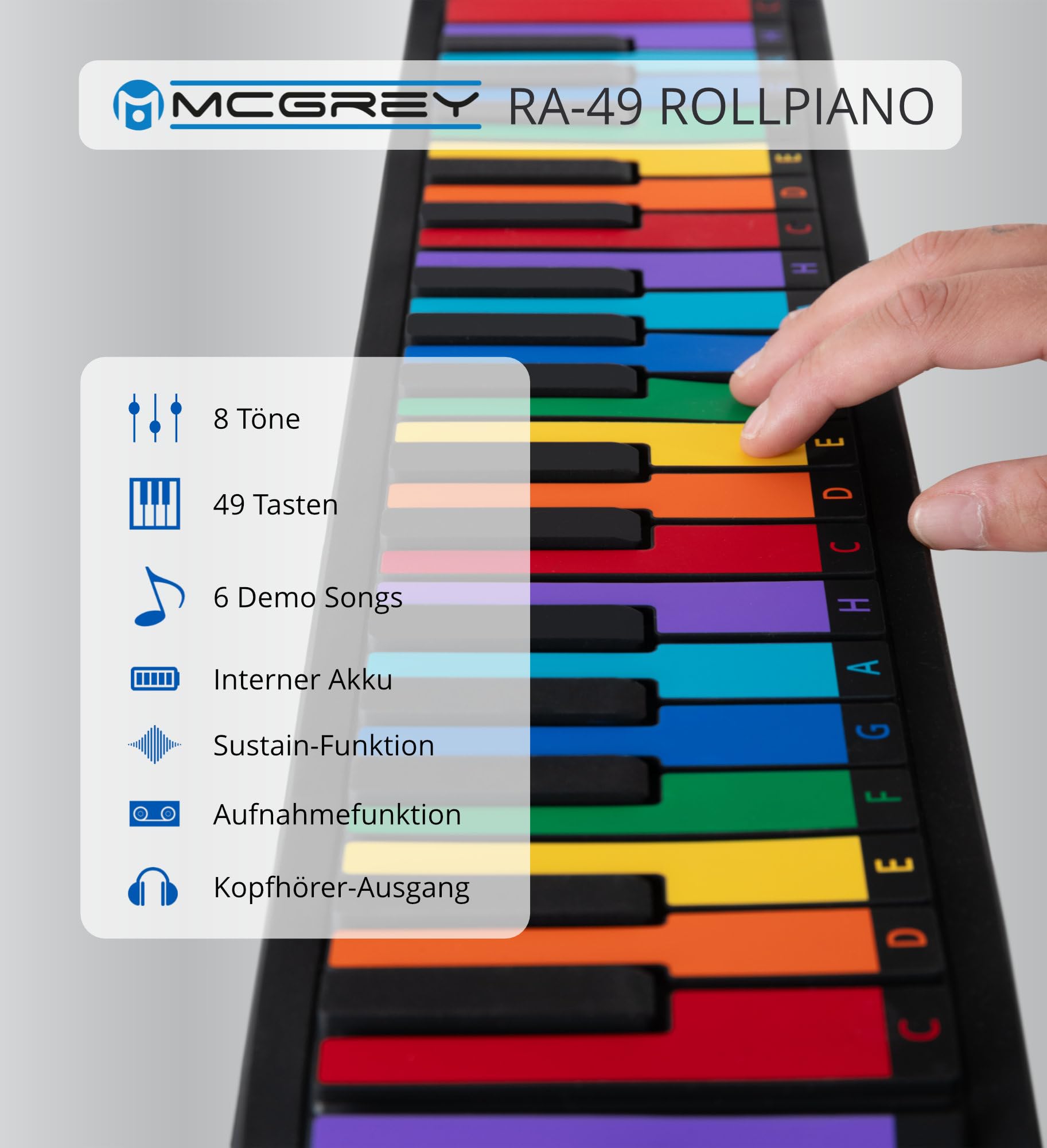 McGrey RA-49 Roll-Up Piano dla dzieci, łatwy transport, wakacje, urodziny dzieci i pokój dziecięcy - odpowiedni dla dzieci i dorosłych - wbudowany akumulator