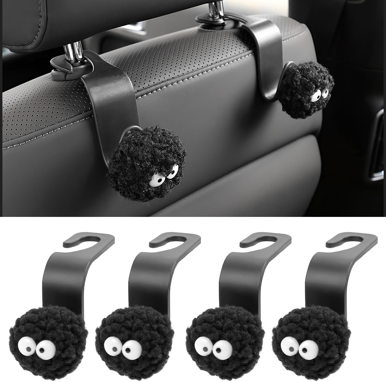 COGEEK Car Seat Headrest Hook, Soot Sprites Purse Hook Holder Cute Car Storage Organizer Universal Vehicle Hanger for Hanging Handbag Grocery Bags (4 Pack)