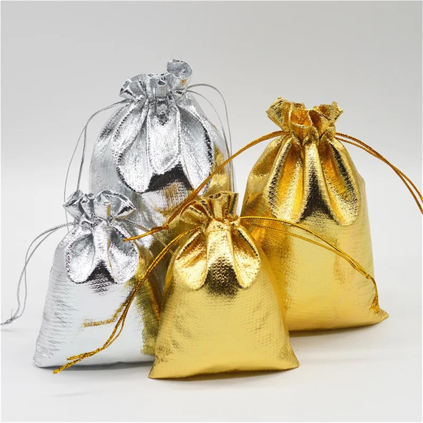 Geschenkbeutel 10/50/100 Stück Gold Silber Organza Beutel Schmuck Verpackung Tasche Hochzeit Party Zugunsten Süßigkeiten Taschen Zugunsten Beutel Kordelzug Geschenktüten(Gold bag,9X12CM_100PCS)