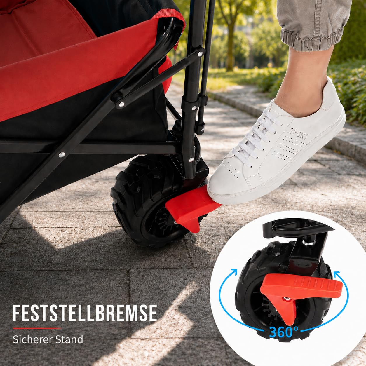SAMAX Bollerwagen mit Dach Faltbar - Handwagen Transportwagen Gerätewagen Faltwagen - klappbar mit Bremse und Hecktasche - für alle Offroad Gelände geeignet - Schwarz/Rot