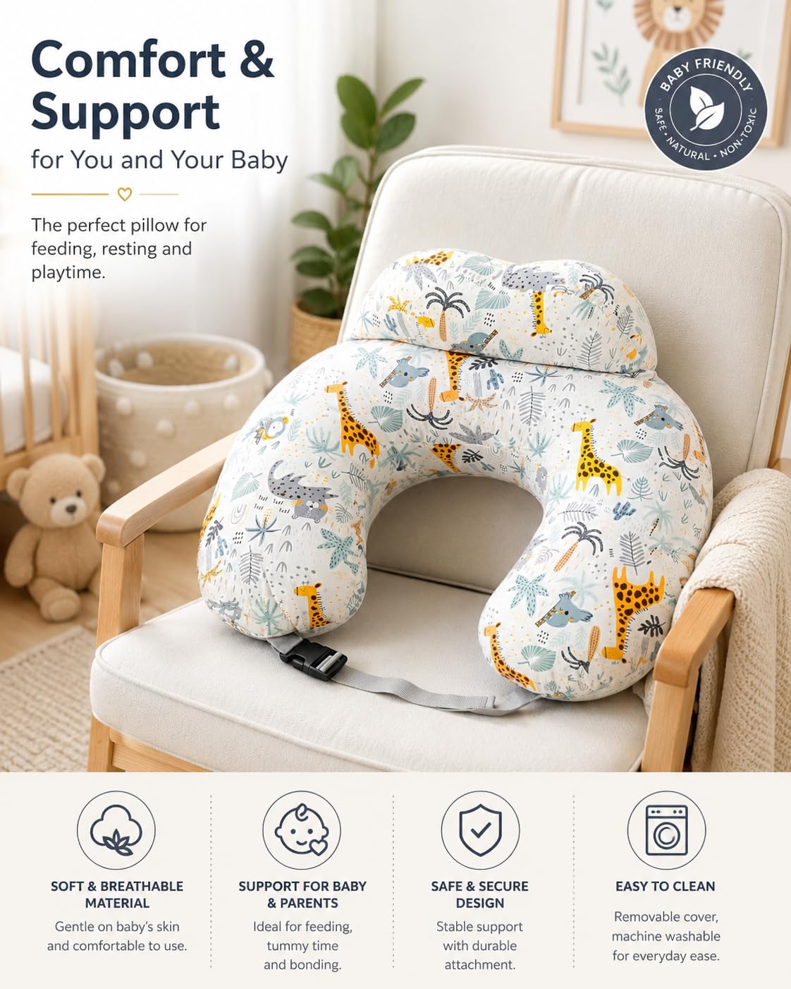 Babymam Coussin d'allaitement avec Ceinture de Sécurité, Allaitement pour Bébé, Bio 100% Coton Déhoussable, Design Safari