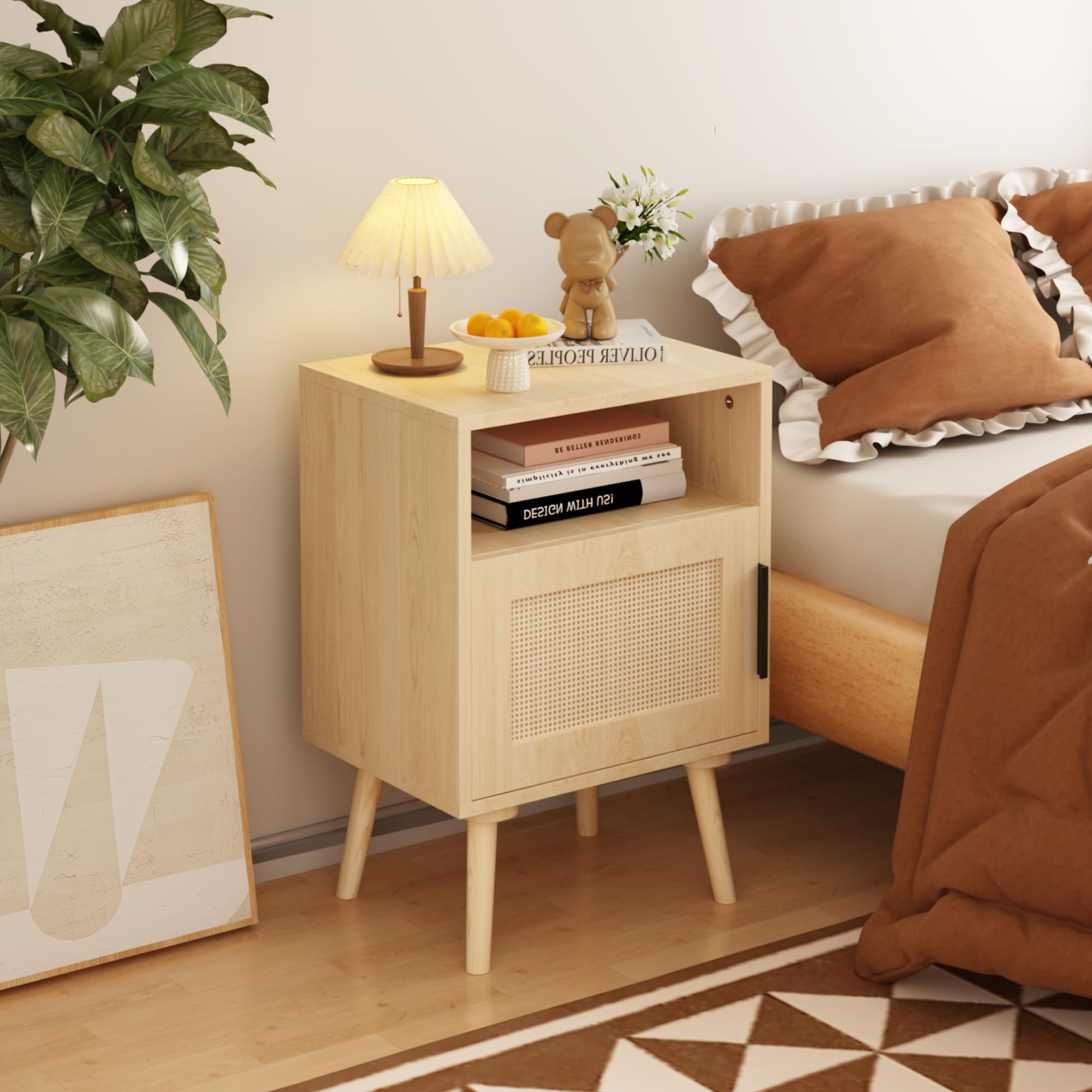 Kids Rattan Nightstand with 1 Drawer &amp; One Shelf &amp; Wood Legs, 22.83'' H Wooden Small Nightstands for Toddler Adults, Wood Side Table for Kids Room Nursery, Easy Assembly