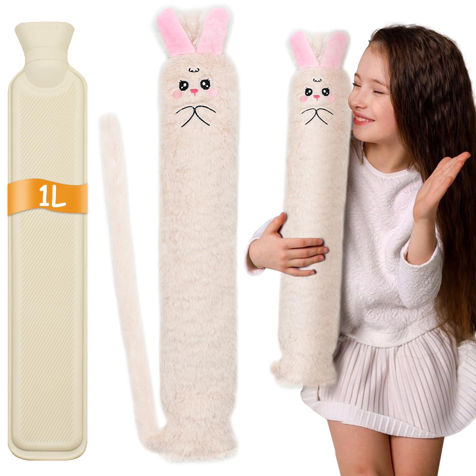 Cyiecw Cartoon Plüsch Wärmeflasche Lang, 1 Liter Kinder Wärmflasche mit weichem Bezug, 57 x 10cm Kleine Kapazität Schlauch Wärmflasche Tier für Schulter, Nacken und Bauch (Kaninchen)