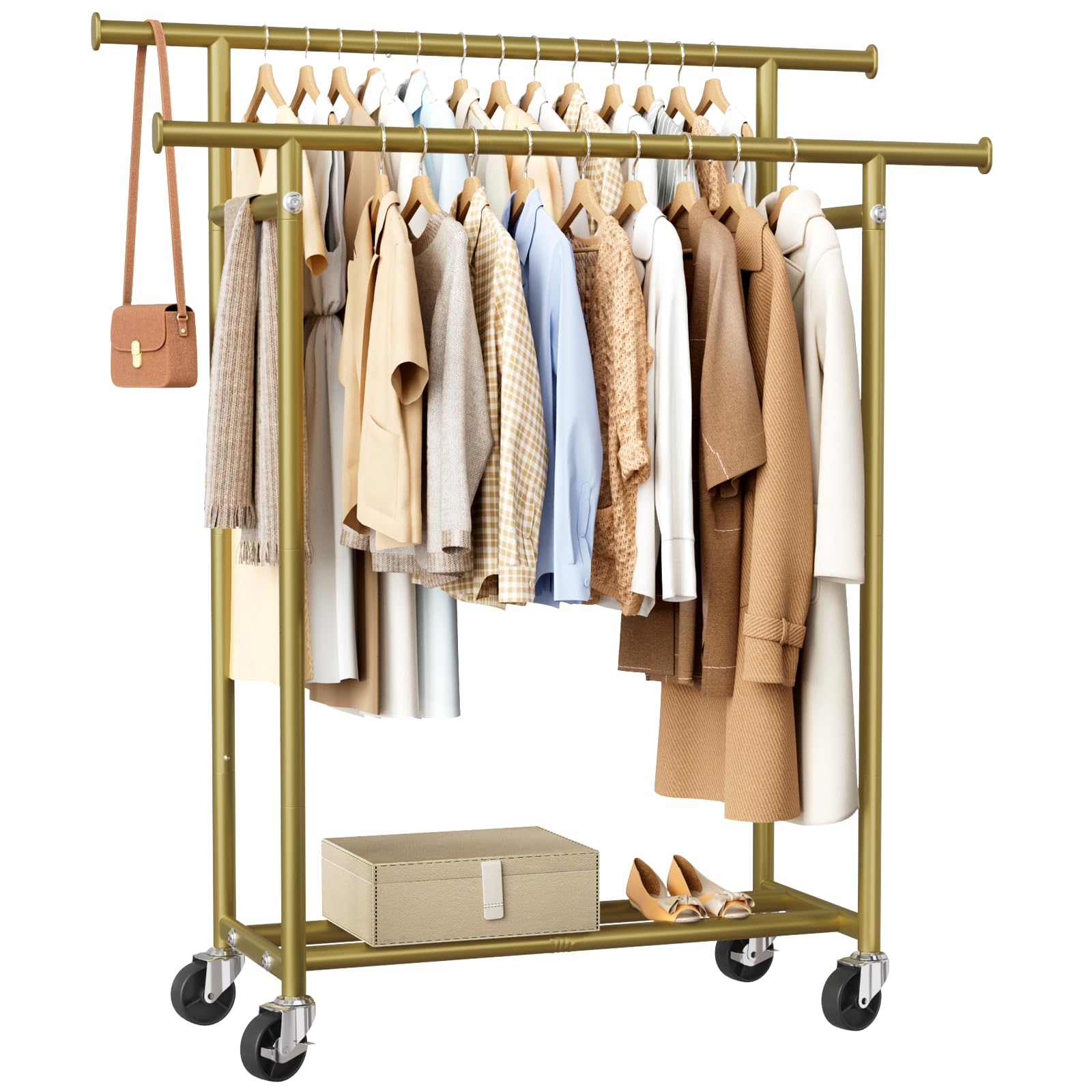 HYSEYY Clothes Rack, Double Rods Rolling Clothing Rack for Hanging Clothes