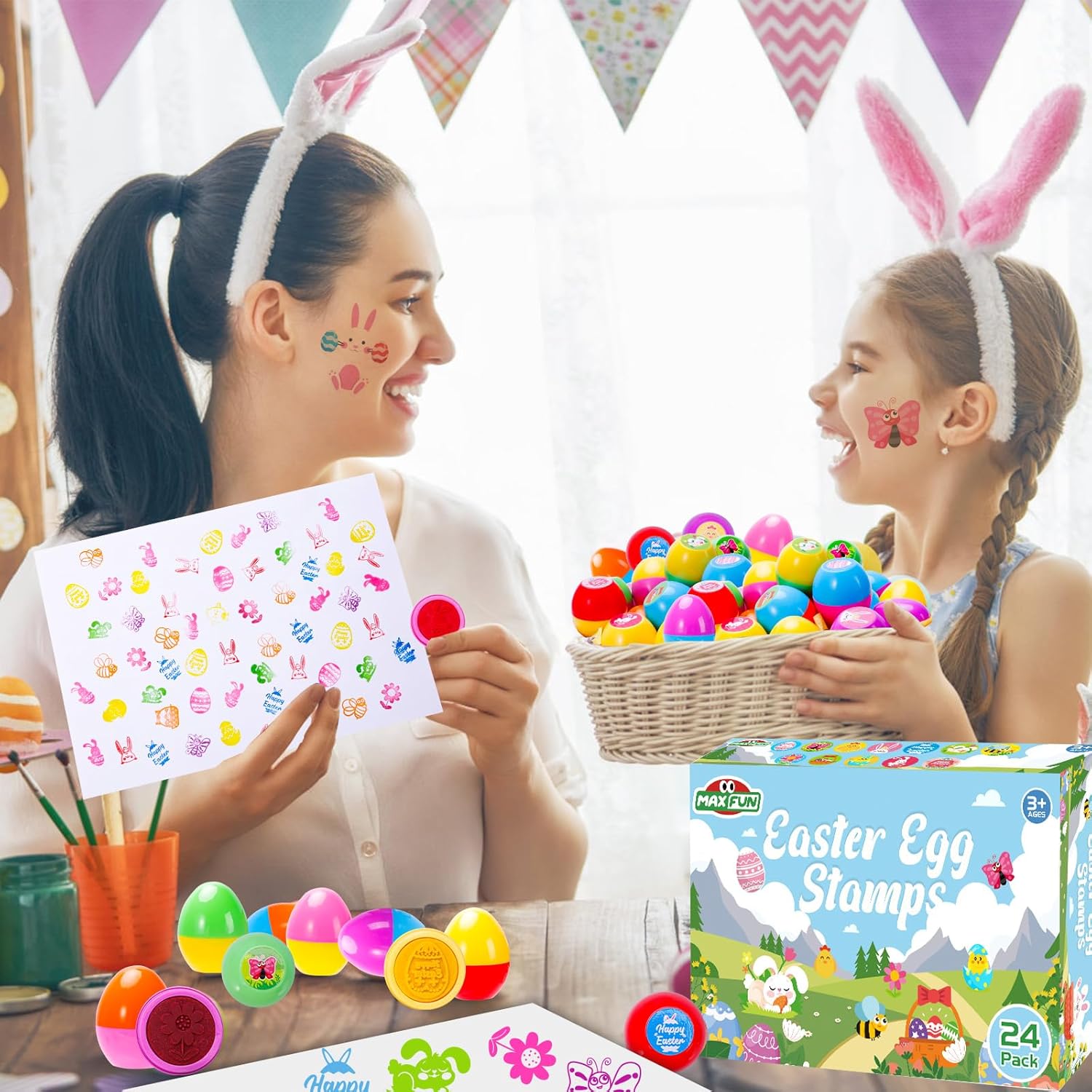 Max Fun 24pcs Easter Egg Stampers Prefilled Easter Egg Stamps with 24pcs Easter Stickers for Kids Easter Eggs Hunt Game Easter Basket Stuffers DIY Easter Crafts Fillers Goodies Bags Stuffers