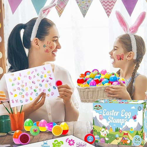 Miniatura 6 de Max Fun 24 sellos de huevos de Pascua precargados con 24 calcomanías de tatuajes de Pascua para niños, juego de caza de huevos de Pascua, rellenos