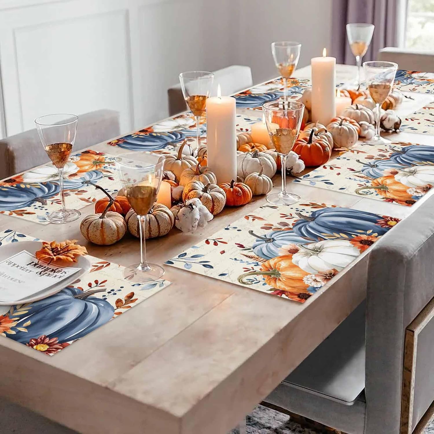 Fall Placemats Set of 12 Blue Pumpkin Place Mats Thanksgiving Placemat Autumn Flowers Eucalyptus Leaves Table Mats for Dining Kitchen Table Holiday Dinner Party Home Fall Decorations 13x19 Inch