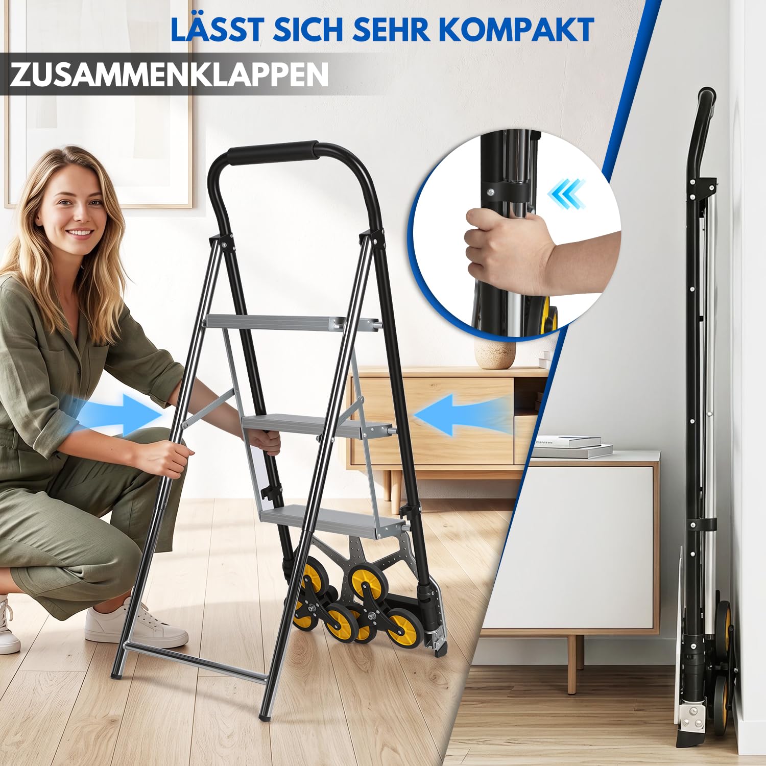 Carrello per scale 2 in 1 con scala a 3 gradini, per scale