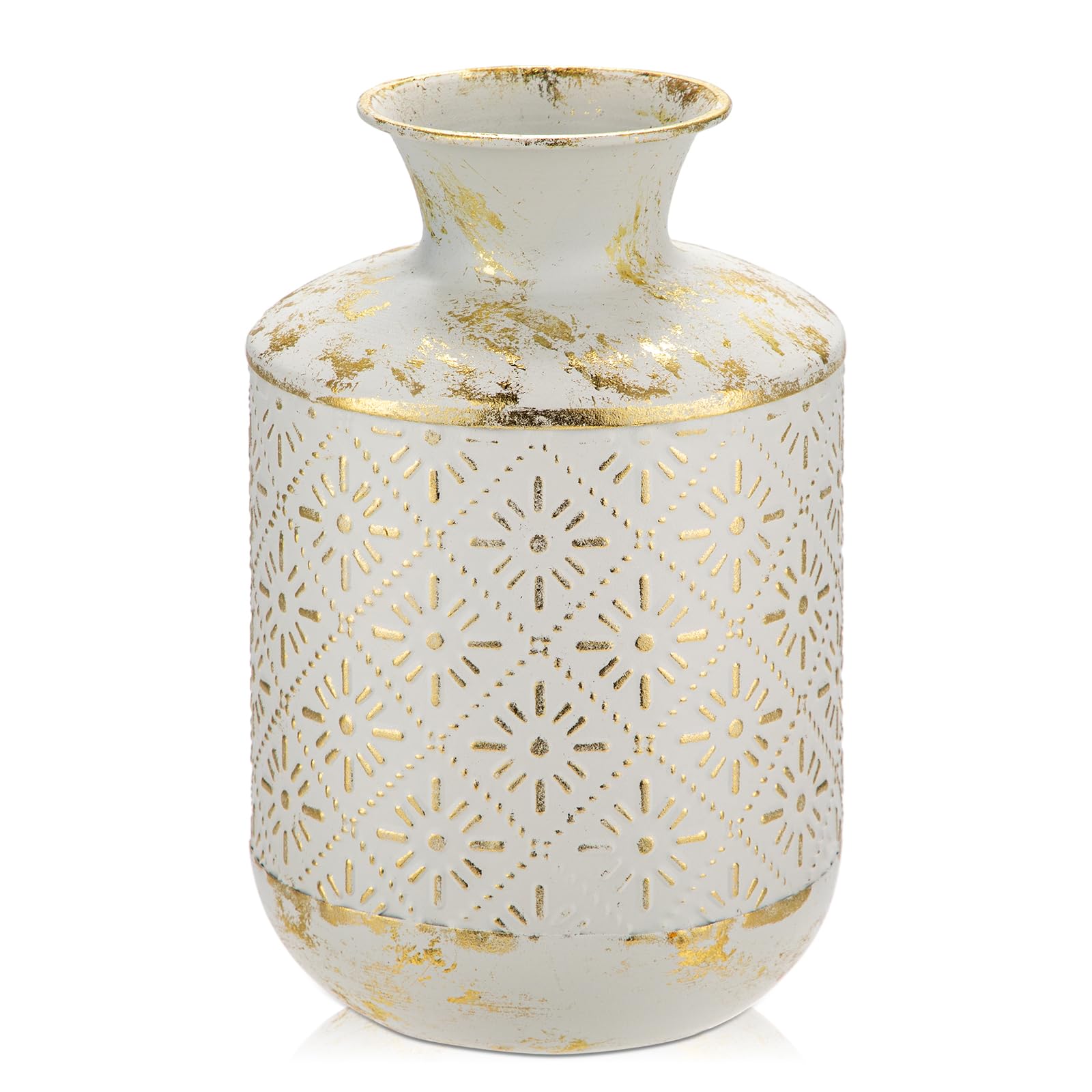 Vase à fleurs, 26 cm de haut, rustique, blanche et dorée, style shabby chic, en métal, vase décoratif pour bouquets, fleurs séchées, table à manger, décoration de bureau