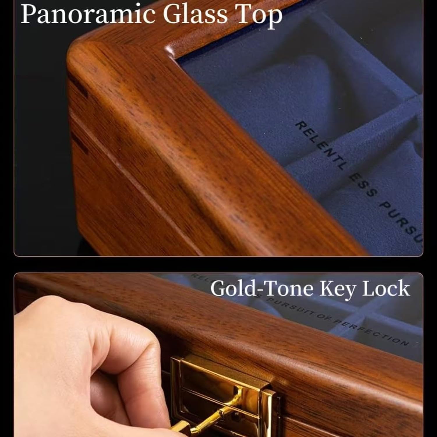 Astuccio Orologio in Legno Massello 8 Van Pietra con Coperchio in Vetro Noce Scatola Porta Orologi per Uomo Donna Custodia Da Tavolo Organizer, 8 slot-velluto blu reale, Legno di teak dorato massiccio