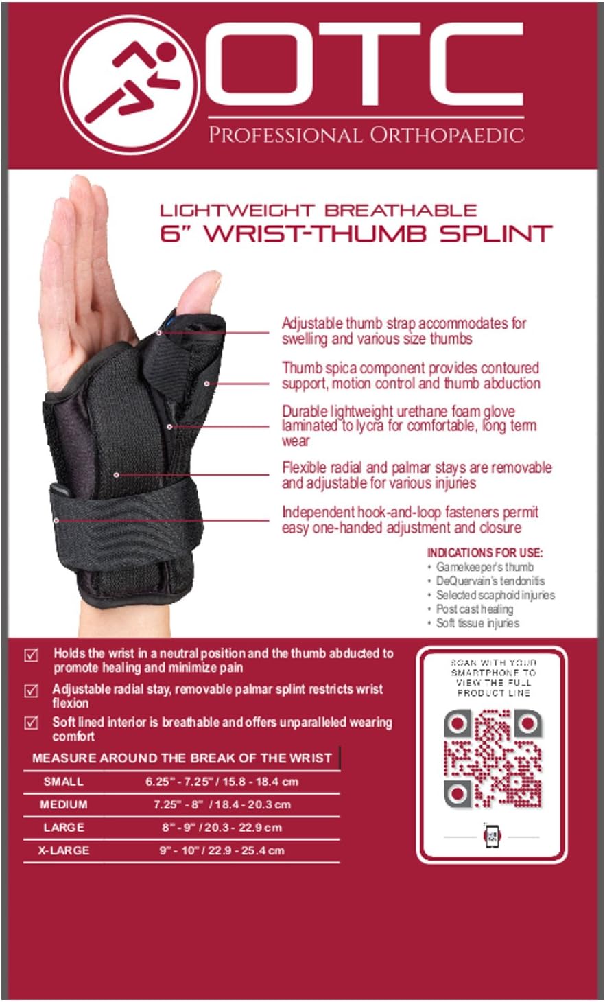 OTC Wrist-Thumb Splint, 6-Inch Petite or Youth Size, Lightweight Breathable, Medium (Pack of 2)
