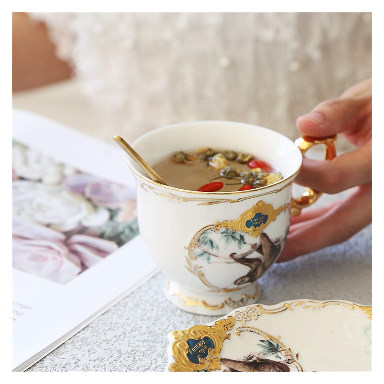 QSCTYG Cup And Saucer Set Porcelain Coffee Cup Set Jungle Animal Coffee Cup And Saucer Bird Monkey Style Gold Bone China Tea Cup 49 (Color : 01) - Image 4