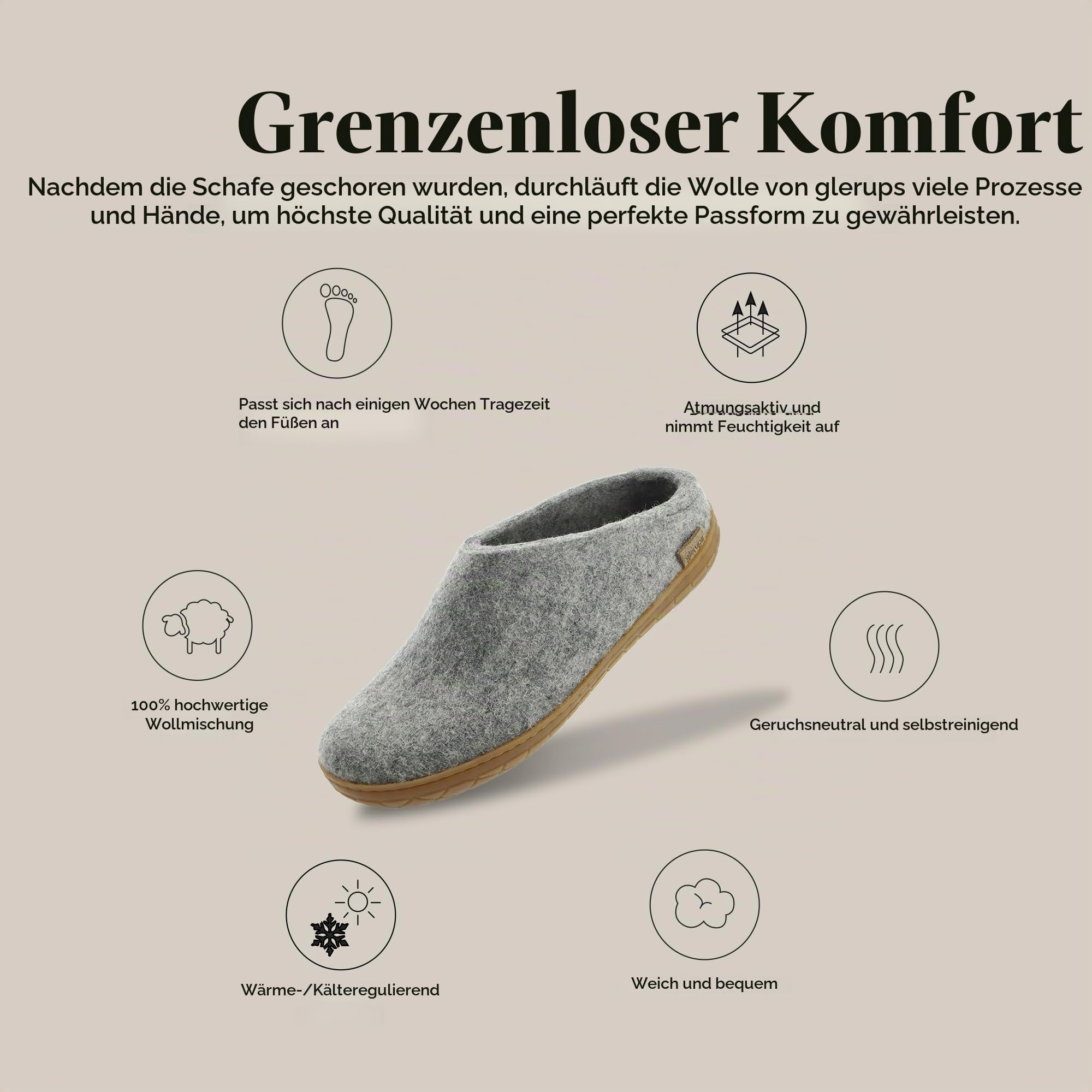 glerups dk Unisex - Erwachsene Filz-Hausschuh BR, Damen,Herren Hausschuh,Huettenschuh, Schafwolle, rutschfeste Gummisohle Grau (Grey), EU 36