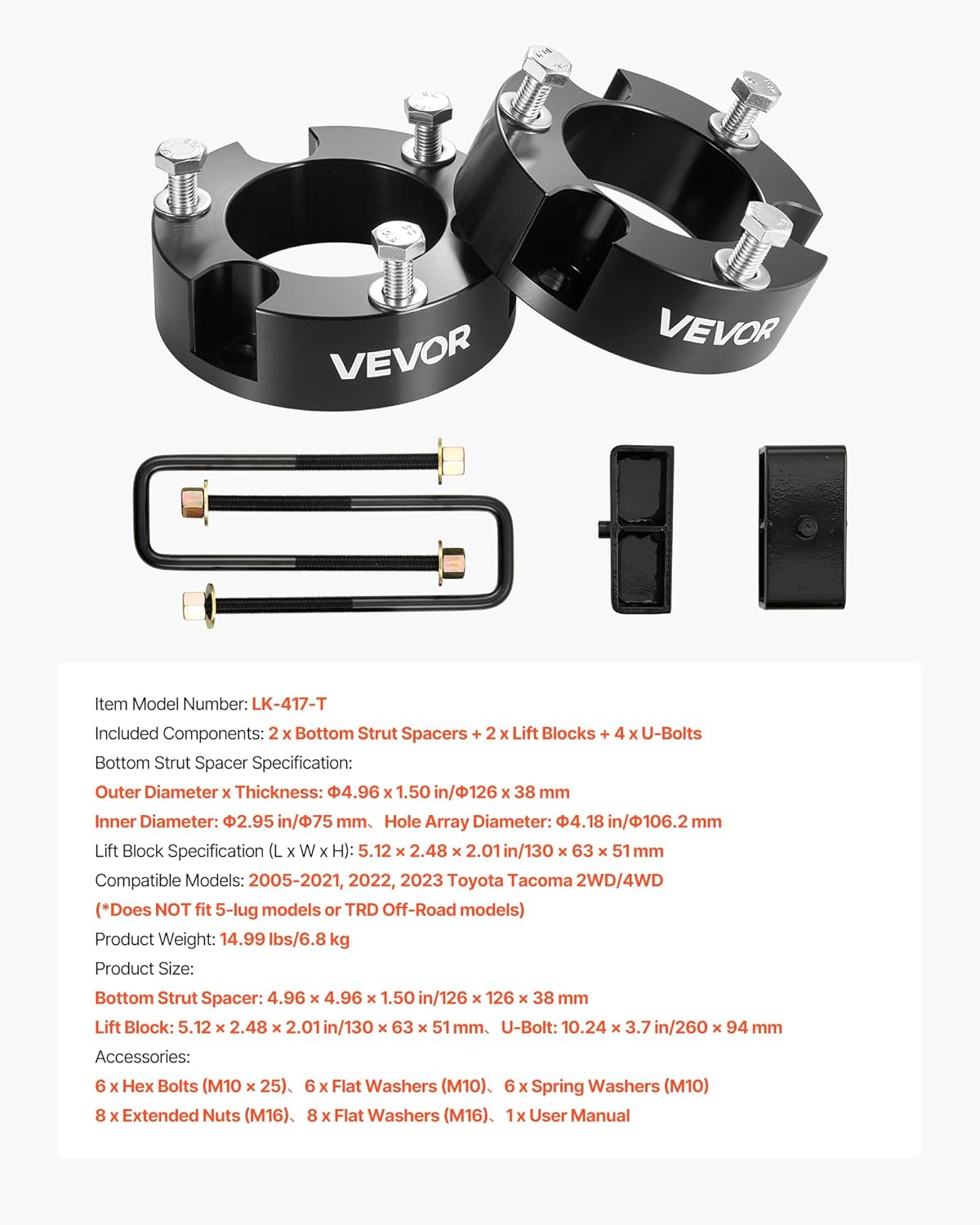 VEVOR 3 Inch Front and 2 Inch Rear Leveling Lift Kit for 2005-2021, 2022, 2023 Toyota Tacoma 2WD/4WD, Chassis Level Kit with 2 Front Strut Spacers, 2 Rear Lift Blocks, 4 U-Bolts, Suspension Level Kit