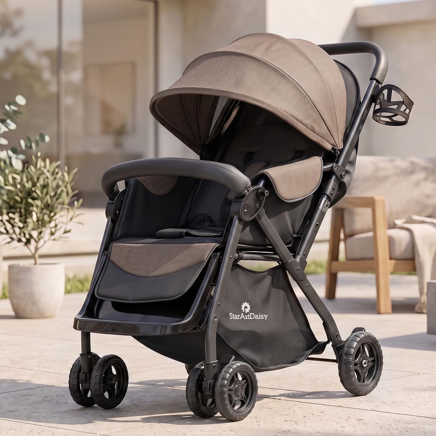StarAndDaisy Foldable Stroller for Baby 0-3 Years Infant & Toddler / Travel Pram for Baby with Adjustable Canopy & Footrest with Lockable Wheels, Multi-Level Recline , Removable Tray , Safety Harness Belt (Brown)-image-13