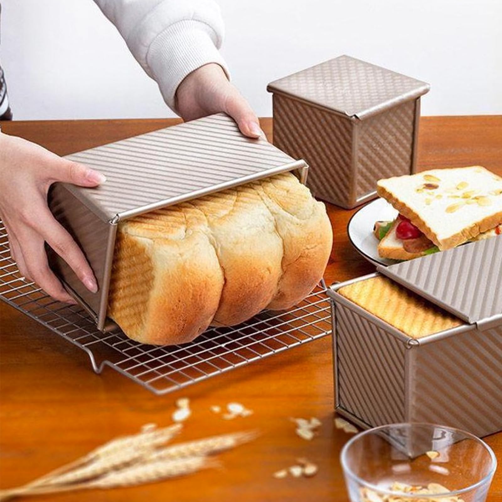 Teglia per pane tostato, con coperchio, 1000 g, per pane, pane e toast con coperchio, antiaderente, per pane, pane, pane, toast e torte, oro rosa