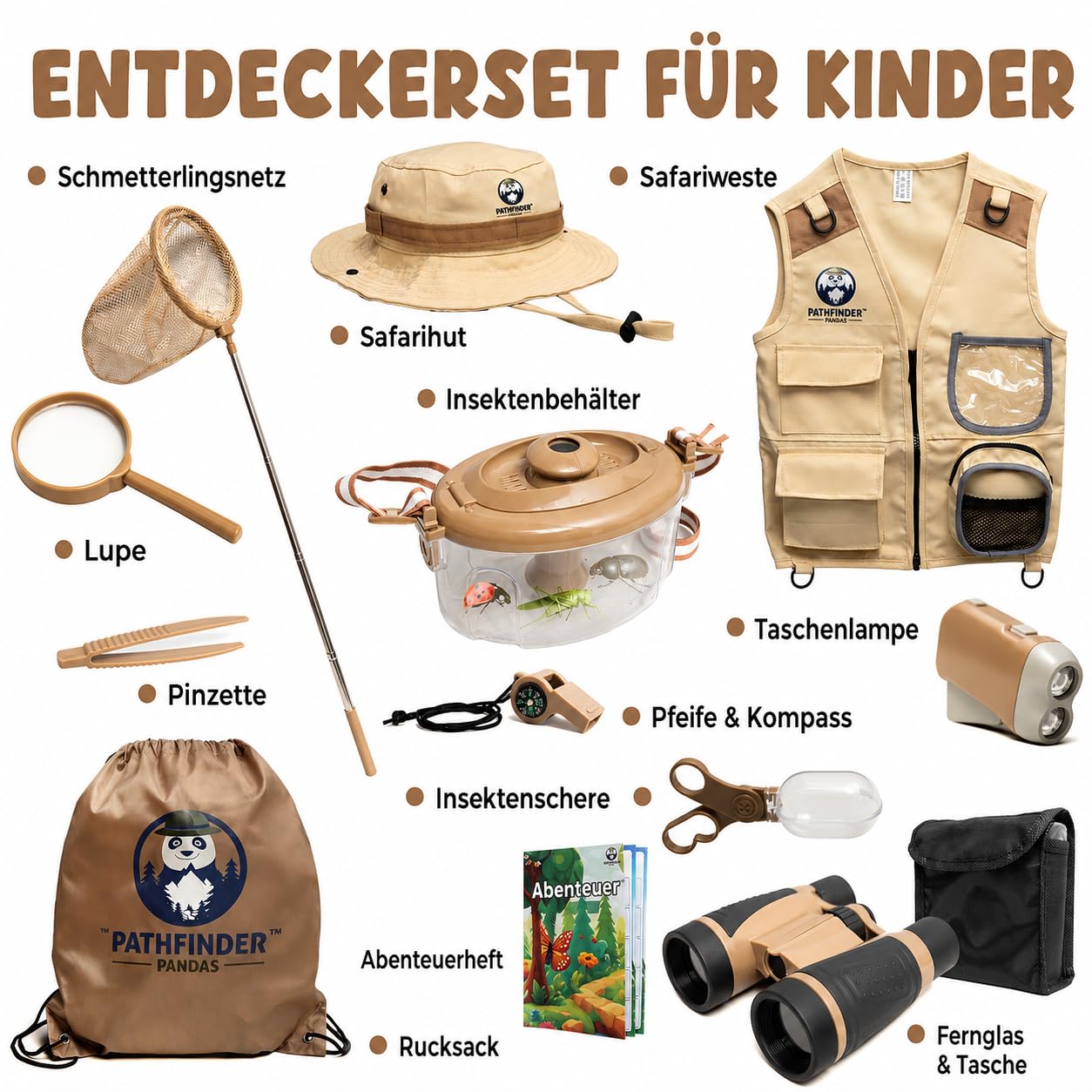Entdecker Set Für Kinder ab 4 - Forscherset Für Kinder mit Safari Kostüm, Fernglas, Becherlupe & Mehr - Pfadfinder Ausrüstung - Outdoor Spielzeug für Jungen Mädchen 3-7 Jahre (Medium)