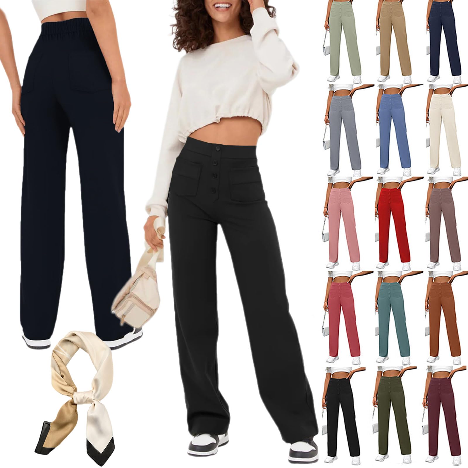 Womens Casual High Waist Stretch Pants Flexi Pants Multiple Pockets High-Waisted Elastic