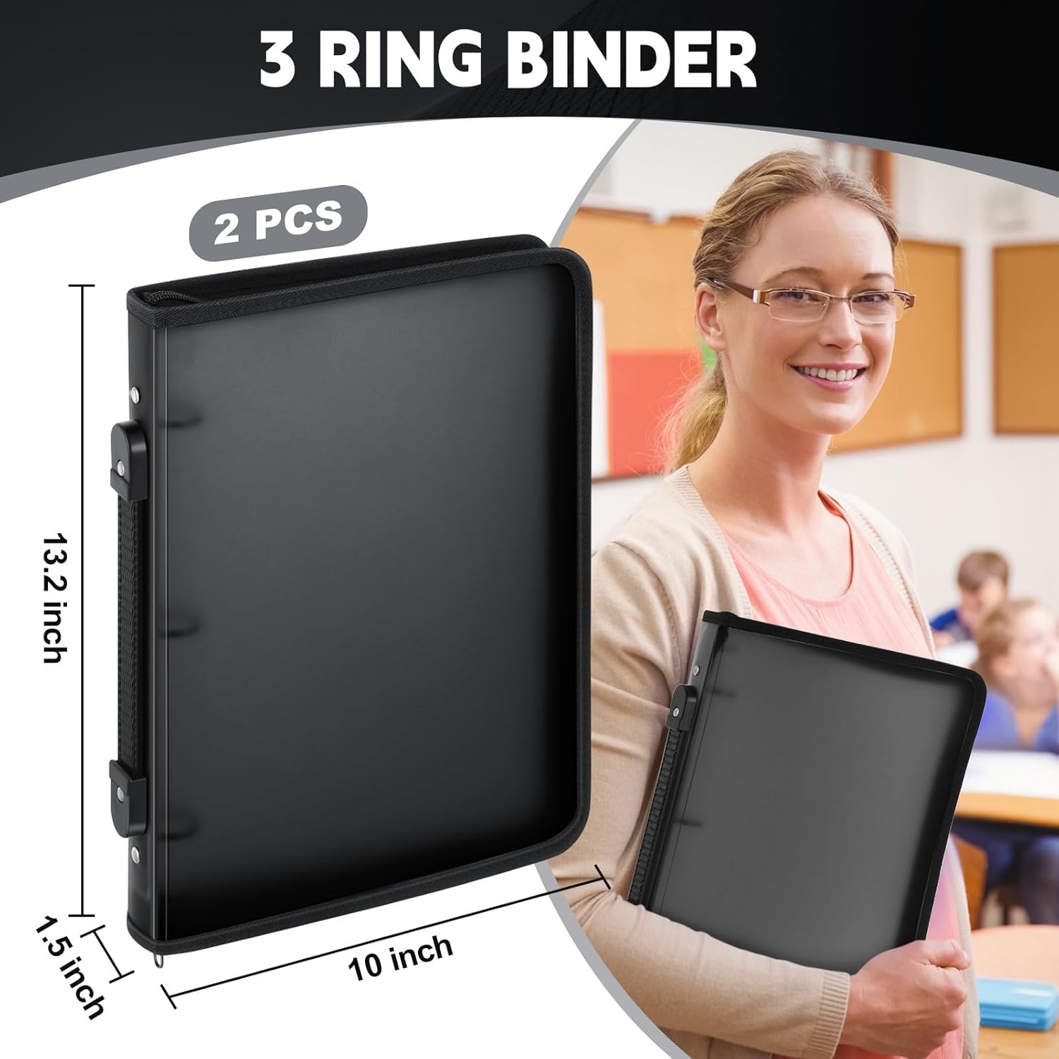 Teling 2 Pcs Plastic Zipper Binders with 3 Ring Zipper Binder, Refillable File Organizer Planner for Projects, Assignments, Memos, School Work (1 Inch,Black)