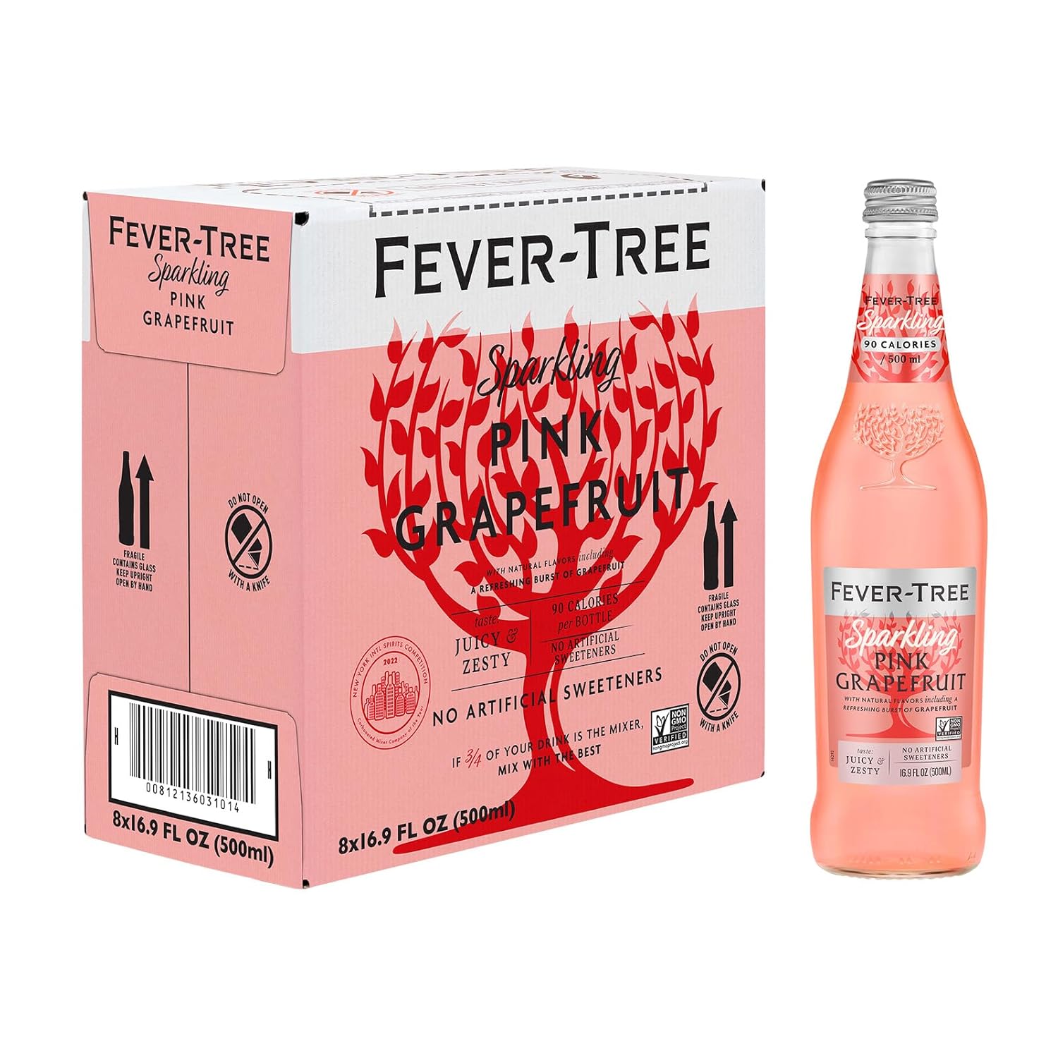 Fever-Tree Sparkling Pink Grapefruit - Premium Quality Mixer - Refreshing Beverage for Cocktails & Mocktails. Naturally Sourced Ingredients, No Artificial Sweeteners or Colors - 16.9 Fl Oz Bottles - Pack of 8