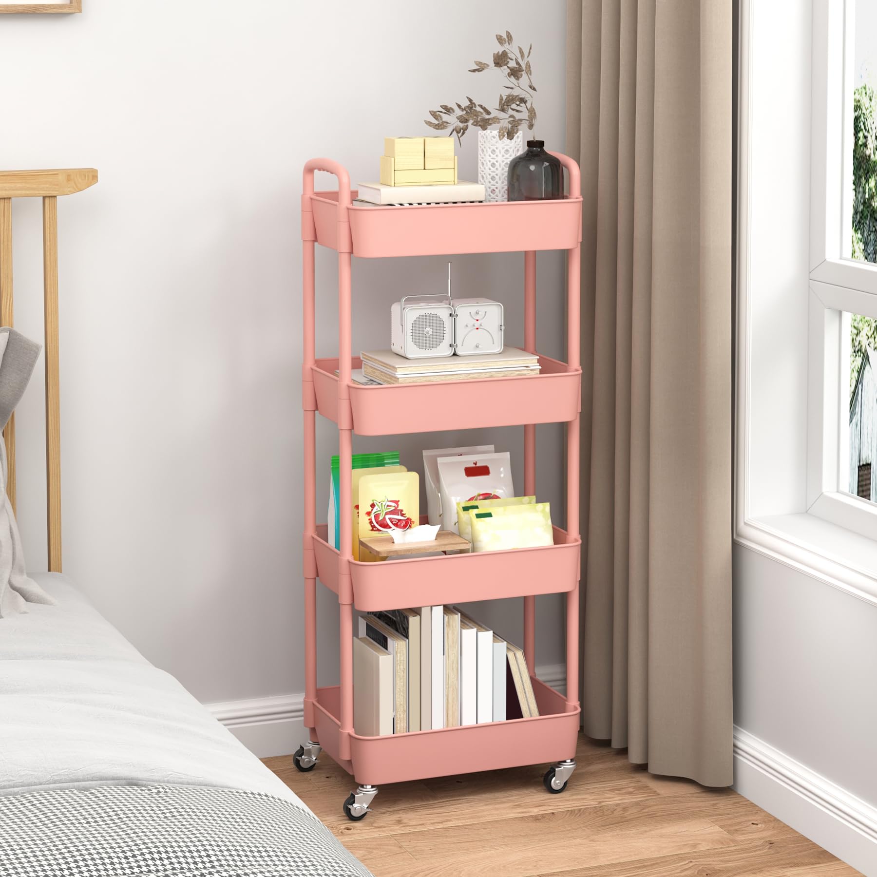 Sywhitta, Carrito utilitario de almacenamiento de plástico con 4 niveles con asa, multifuncional para oficina, sala de estar, cocina, organizador de almacenamiento móvil con ruedas, Rosa