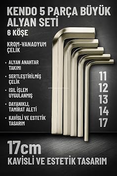 Kendo 5 Parça Büyük Alyan Seti, Krom-Vanadyum Çelik, Alyan Anahtar Takımı, Sertleştirilmiş Çelik, Isıl İşlem Uygulanmış, Dayanıklı, Tamirat Aleti, Kavisli ve Estetik Tasarım
