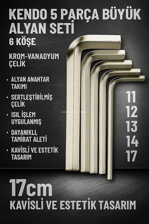 Kendo 5 Parça Büyük Alyan Seti, Krom-Vanadyum Çelik, Alyan Anahtar Takımı, Sertleştirilmiş Çelik, Isıl İşlem Uygulanmış, Dayanıklı, Tamirat Aleti, Kavisli ve Estetik Tasarım