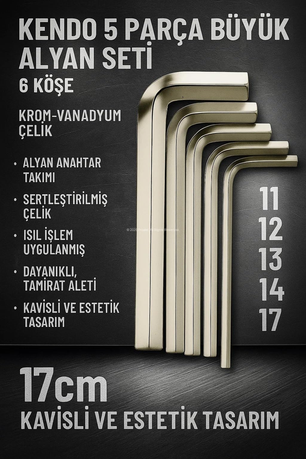 Kendo 5 Parça Büyük Alyan Seti, Krom-Vanadyum Çelik, Alyan Anahtar Takımı, Sertleştirilmiş Çelik, Isıl İşlem Uygulanmış, Dayanıklı, Tamirat Aleti, Kavisli ve Estetik Tasarım
