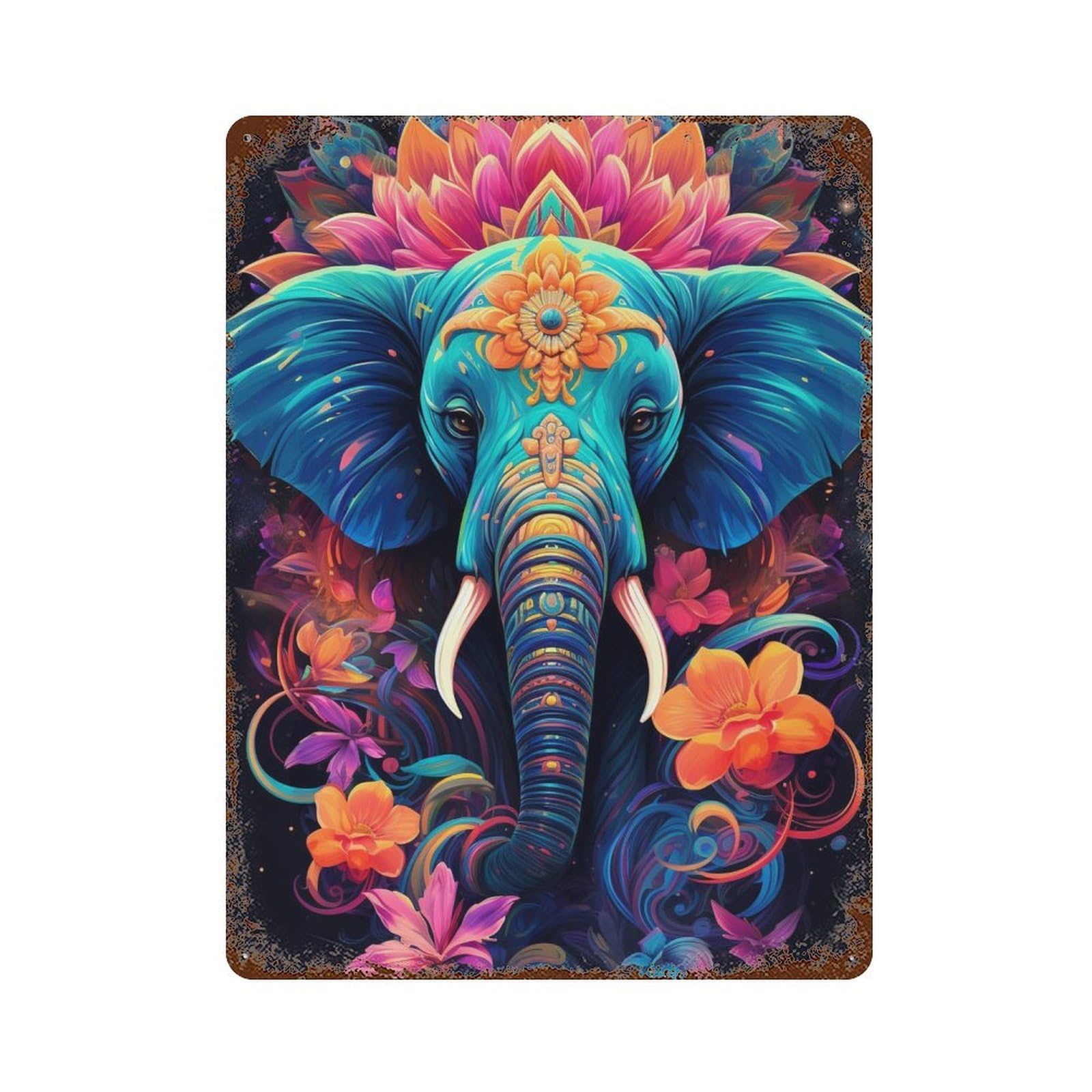 Colorful Elephant Artwork Aged Metal Wall Plaque 15.7"x11.8", for Garage, Bar And Workshop Decor, Farmhouse Wall Decor