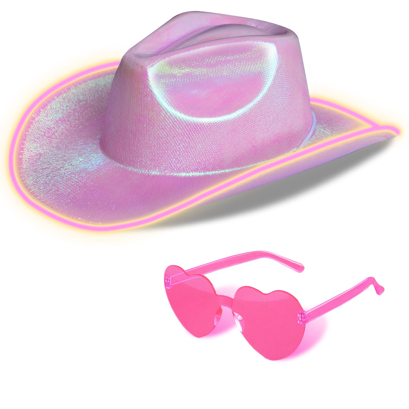 Sombrero de Vaquero Espacial Glitter Light Up Sombreros con Gafas de Corazón Divertido Sombrero Fancy Metálico Holográfico Disco Halloween Cumpleaños Despedida de Soltera