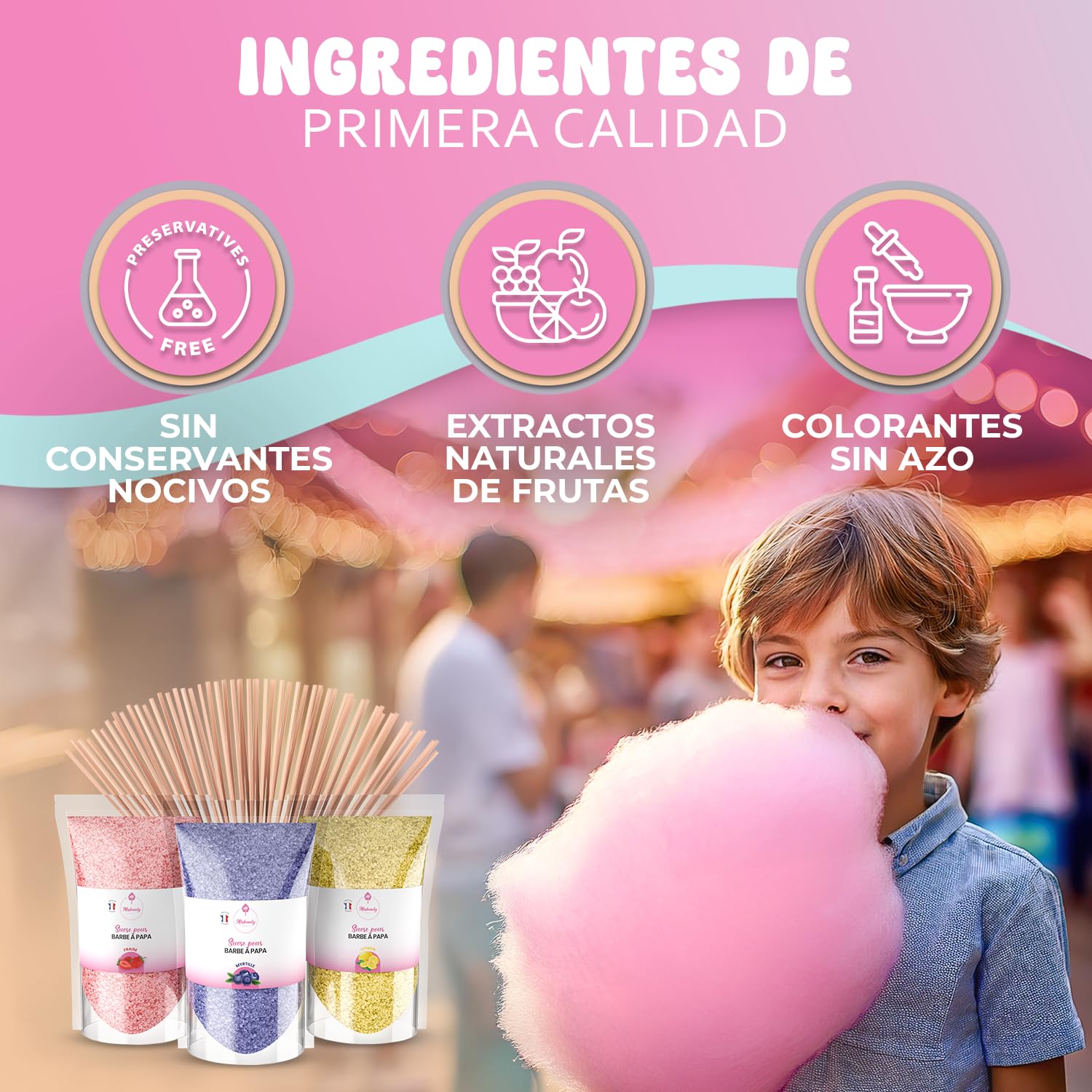 Misskandy Algodón de Azúcar para Máquina Pack 3x160g Sabores Naturales Fresa Arándano Limón