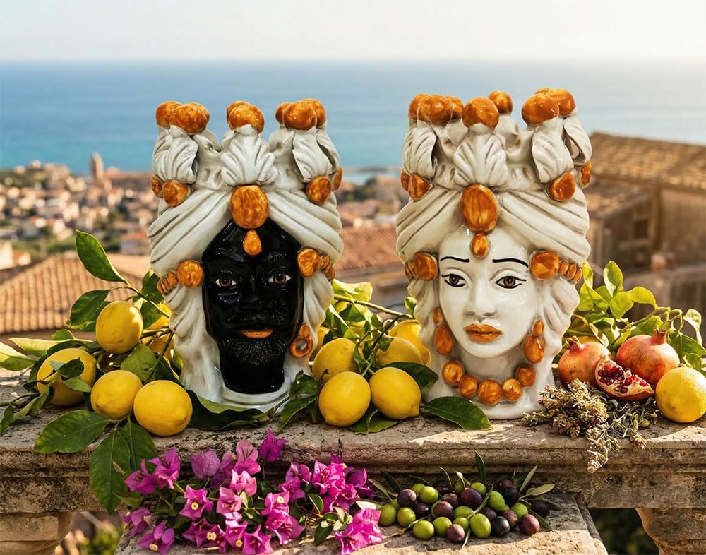 Grand vase têtes de moro Caltagirone ambre pour une décoration méditerranéenne