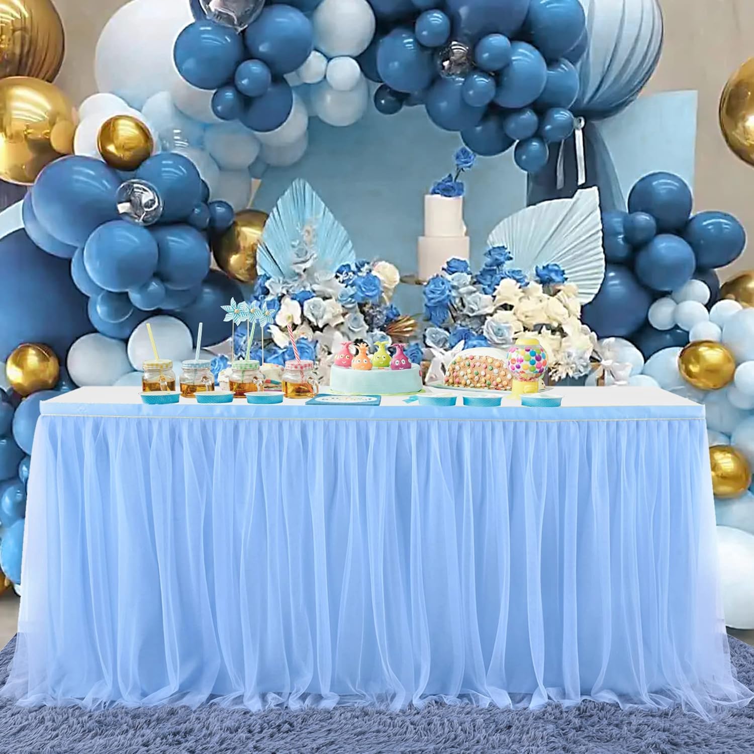 GHAKKE 2pcs Tulle Table Skirt Tablecloth Tutu Table Skirts for Wedding Birthday Party Baby Shower (Blue)