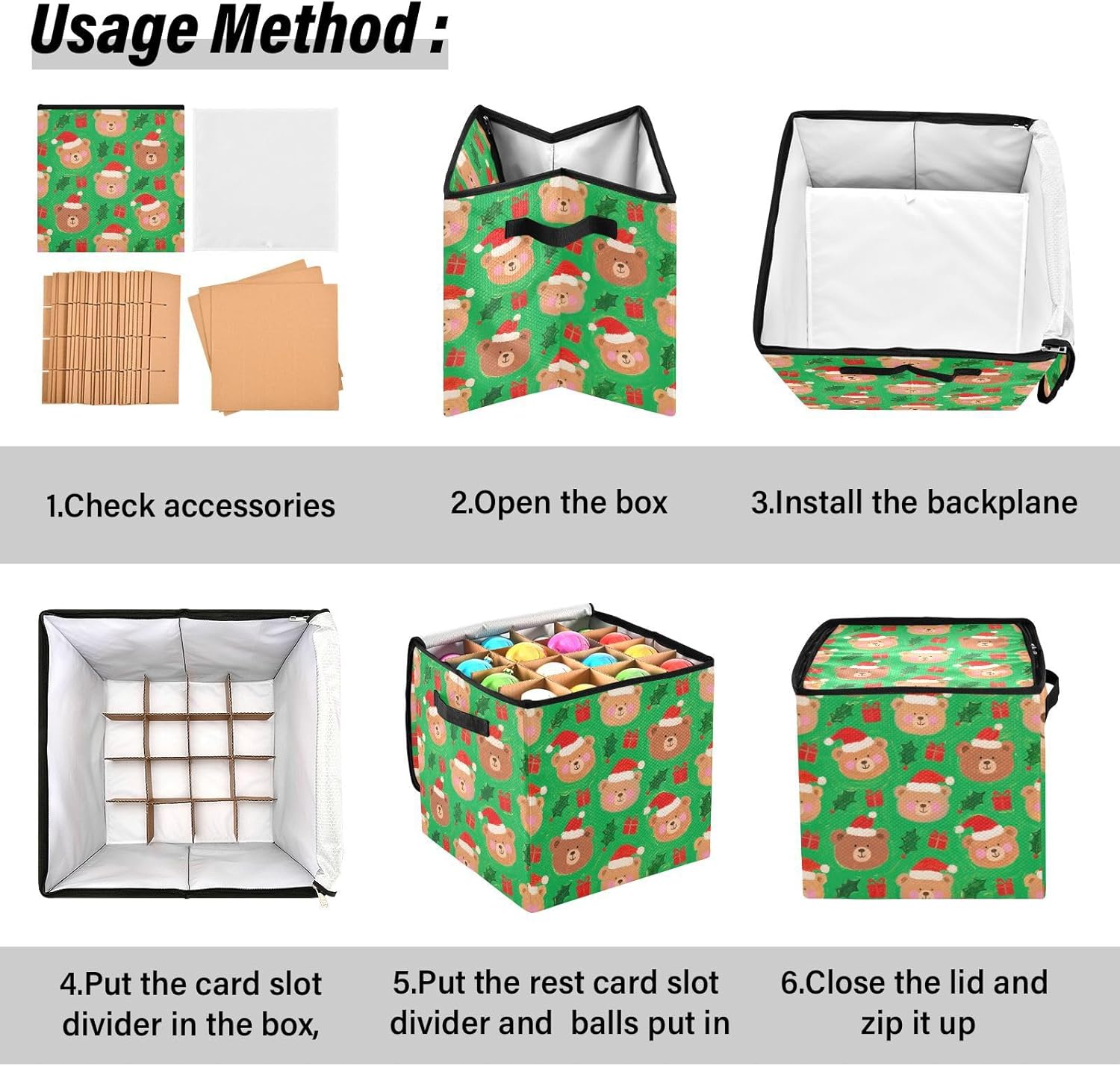 High Capacity Christmas Ornament Storage Box Holds Up to 64, Adjustable Dividers, Zippered Top, Two Handles telescoping Holiday Storage Case with Lid,Merry Christmas Cute Brown Bear
