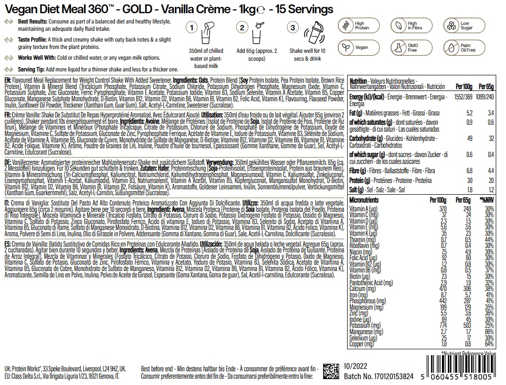Protein Works | Vegan Diet Meal 360 – GOLD Innovation, veganer Protein-Mahlzeitenersatz-Shake, unterstützt gesundes Abnehmen, zuckerarm & ballaststoffreich, Vanillecreme, 14 Mahlzeiten, 1kg