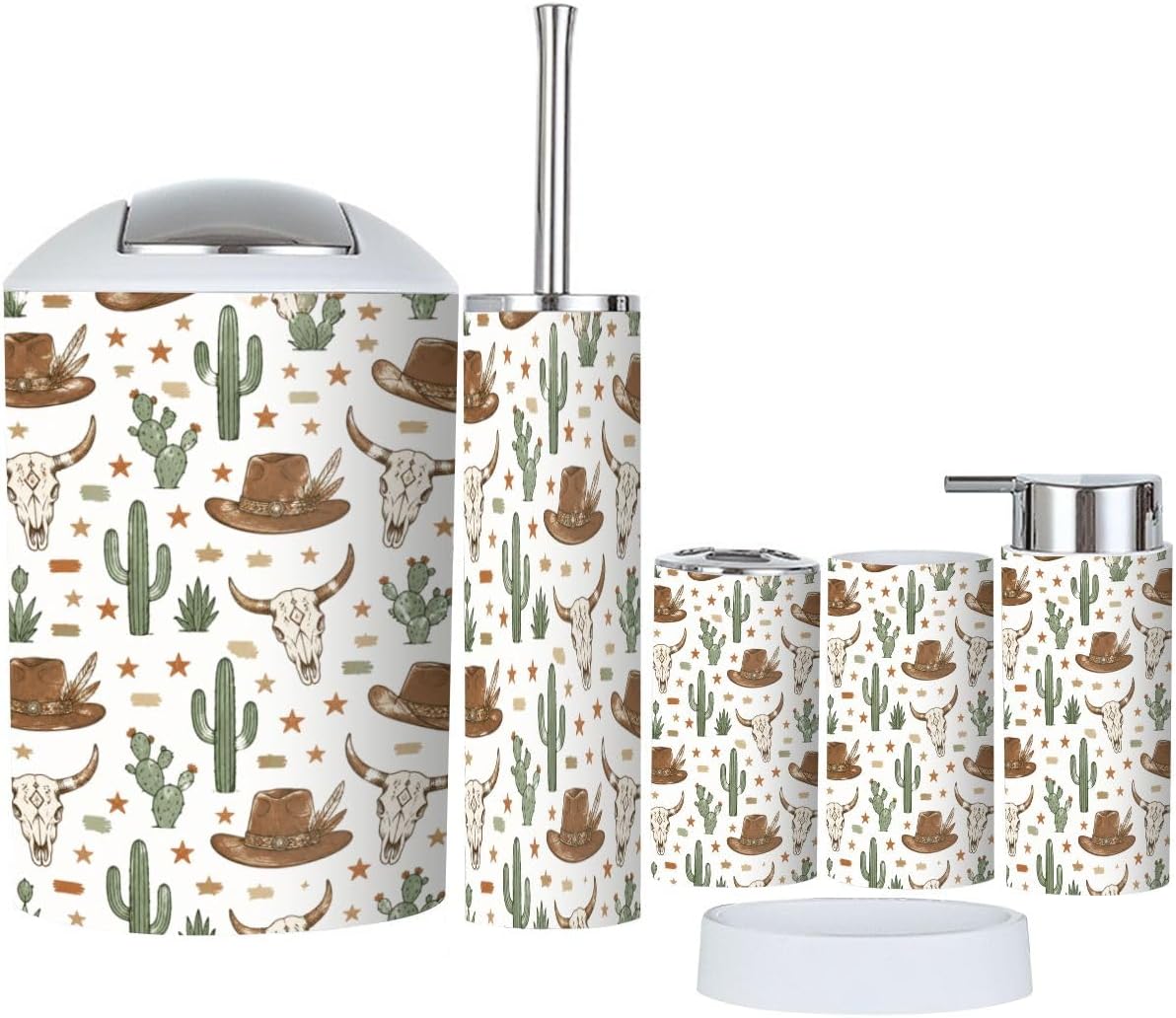 Bathroom Accessories Set 6 piece Cowboy Hat Cactus Desert Skull Howdy Text Plastic shatterproof Vanity Organization countertop Decor for Home, Apartment, Dorm