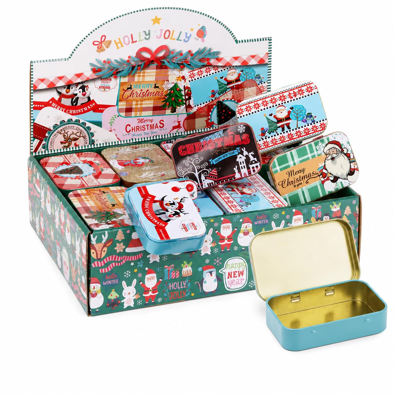 MIJOMA Set di 24 scatole di metallo natalizie, piccole scatole regalo per regali di denaro, buoni, cioccolatini e messaggi personali, confezione regalo nostalgica con coperchio ribaltabile
