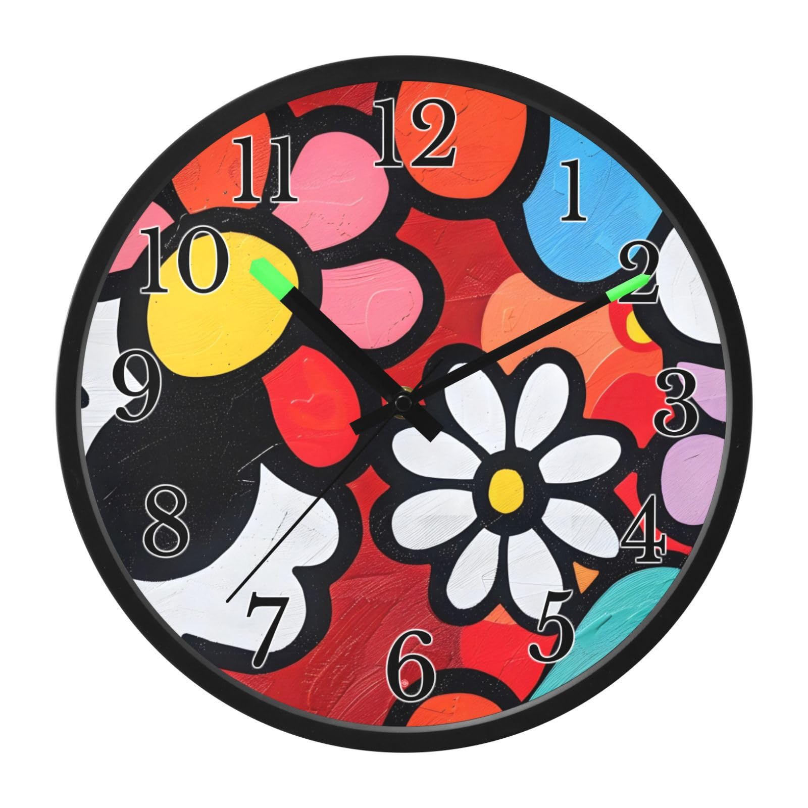 Mnsruu Reloj de pared infantil con diseño de garabatos florales luminosos para dormitorio, funciona con pilas, reloj silencioso que brilla en la oscuridad, para sala de estar, cocina, 12 pulgadas
