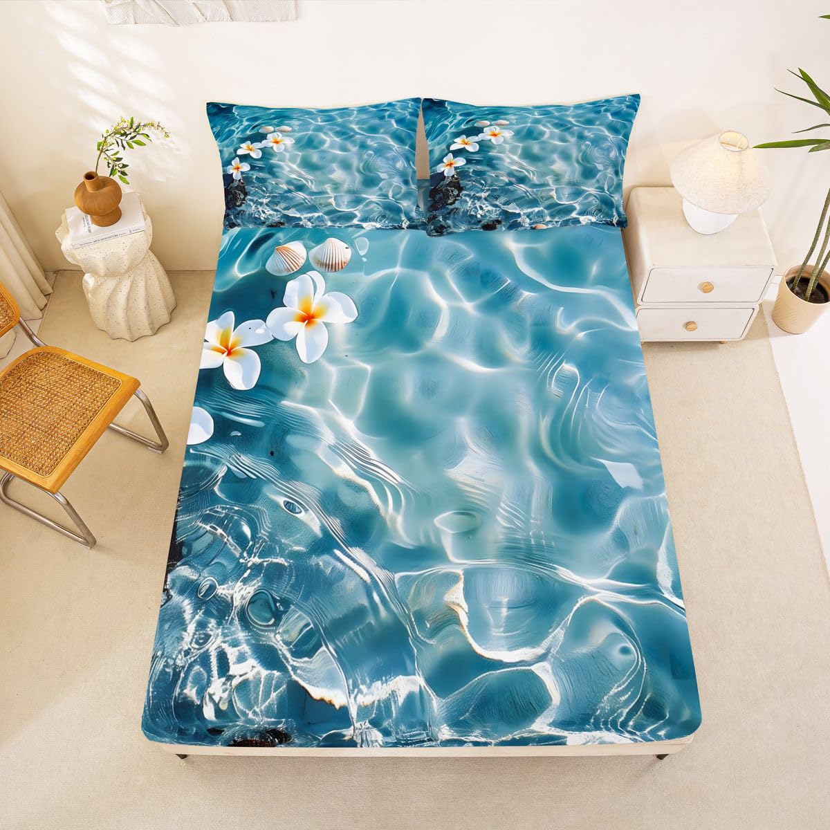 Homemissing Sábana bajera ajustable tamaño King para niños y niñas, con bolsillo profundo de 40.6 cm, sábana bajera hawaiana de playa con 2 fundas de almohada, decoración de habitación