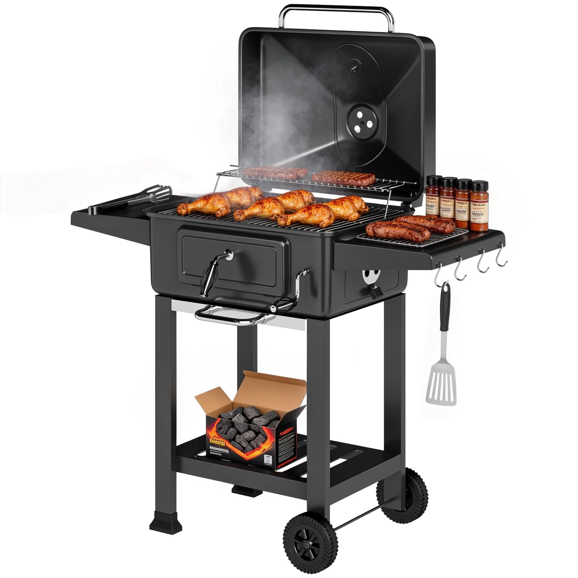 Outsunny Barbacoa de Carbón Portátil, Barbacoa de Carbón Móvil con Bandeja y Ventilación Ajustable, Estantes Laterales, Termómetro, Tapa, Cajón de Cenizas, Ruedas, Puerta Frontal, Asa, Negro