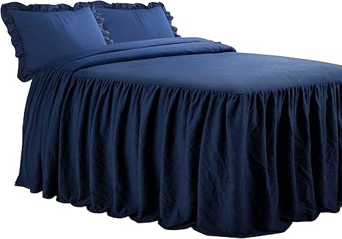 Miniatura 4 de Lush Decor Juego de 3 piezas de cubrecama con falda de volantes, estilo casa de campo y de época chic, ligero, tamaño King, azul marino