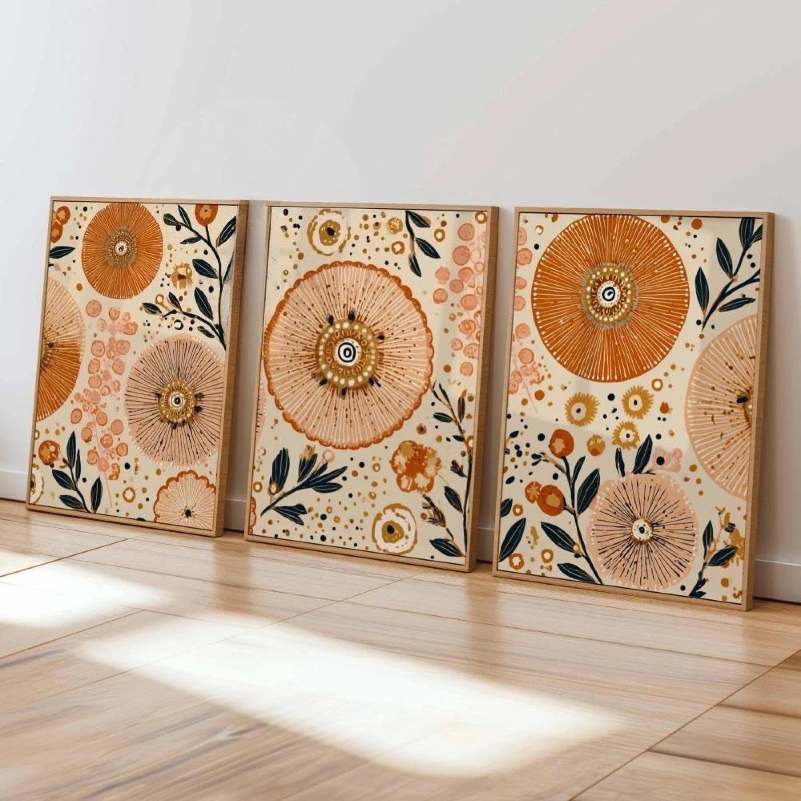 Baibexing Boho Floral Wall Art Abstract Botanical Prints Poster Orange Beige Modern Sunburst Flower Art For Living Room Or Bedroom Decor 50X70Cmx3Pcs Unframed